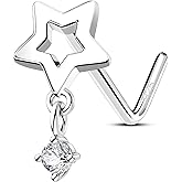 OUFER 20G Dangle Nose Rings for Women, 925 Sterling Silver L-shaped Nose Studs, Star Nostrial Piercing Jewelry-7MM