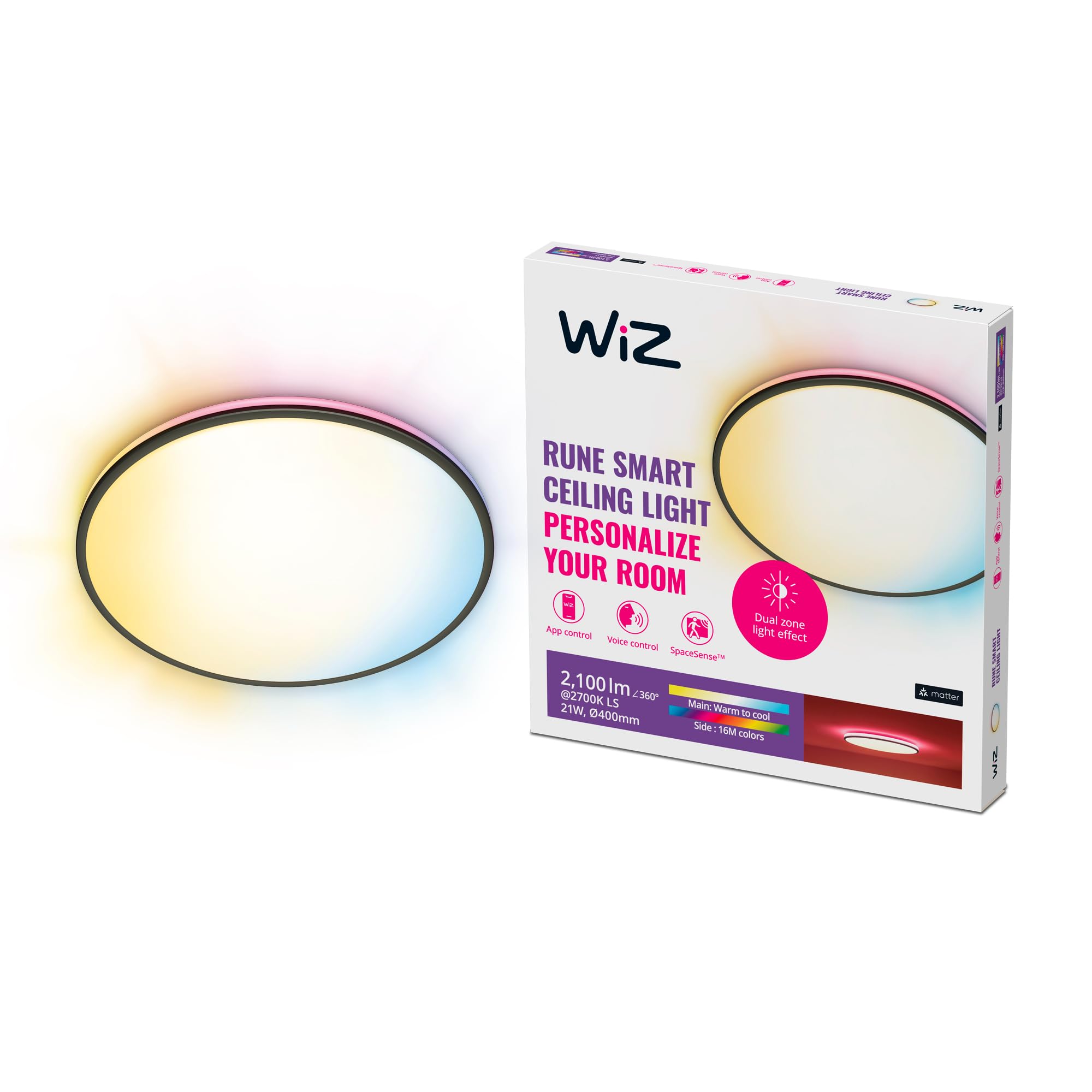 WiZ Colour Arca Smart Connected WiFi Dual Zone Ceiling Light. [Black] App Control for Indoor Home Lighting, Livingroom and Bedroom