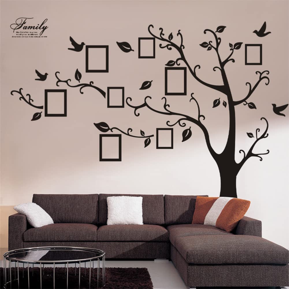 zhiyu&art decor Large Family Tree Wall Decal, DIY Black Photo Frame Wall Decor Sticker Mural Decal Art Décor for Living Room Home Decor(Black Tree)