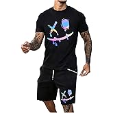 WDIRARA Men's 2 Piece Short Sets Graphic Print Short Sleeve T Shirts and Drawstring Shorts Clothing Set