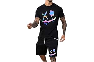 WDIRARA Men's 2 Piece Short Sets Graphic Print Short Sleeve T Shirts and Drawstring Shorts Clothing Set