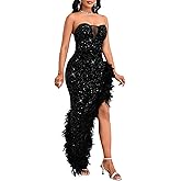 dasmzper Women's Sexy Sequin Off The Shoulder V Neck Mesh See Through Dress Feather Hem Bodycon Evening Maxi Dress