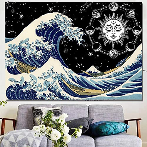 HUAXXIA Wave Tapestry Ocean Tapestry Wave Star Night, 59×79 inch Kanagawa Great Wave Wall Hanging Art Decor for Room, Wonderful Christmas Gift Idea
