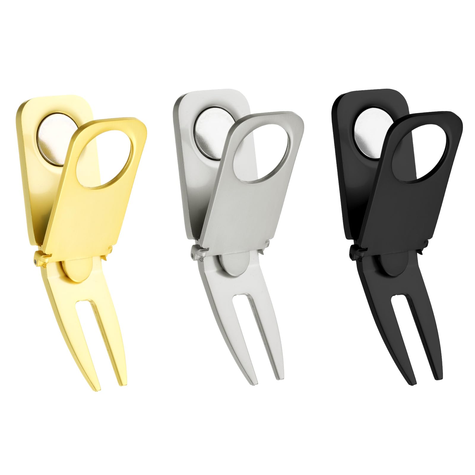 PATIKIL Magnetic Golf Divot Repair Tool, 3 Pcs 3 in 1 Golf Divot Tool Metal Golf Fork Accessory Curved Spit for Golf Golfer Men Women Repairing, Gold Silver Black