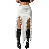 Verdusa Women's Western Asymmetrical Lace Ruffle Skirt High Slit Boho Bodycon Skirts Cowgirl Outfits