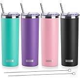 koodee 20 oz Stainless Steel Skinny Tumblers (4 Pack) Double Wall Insulated Water Tumbler Cup with Lids, Straws and Straw Brushes (Teal/Purple/Pink/Black)