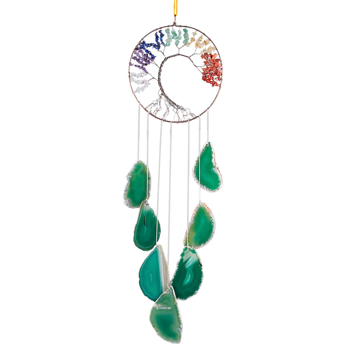KYEYGWO 7 Chakra Healing Crystal Wall Hanging Ornament Handmade Tree of life with Green Agate Slice Wind Chime for Window Home Wedding Souvenir Decoration