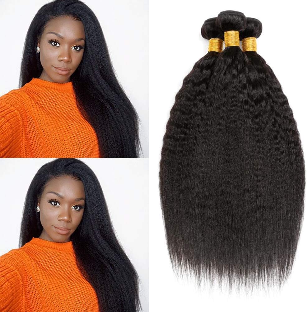 Clarolair Kinky Straight Brazilian Hair Weave Bundle Coarse Yaki Human Hair Bundles Yaki Straight Hair Extensions Non Remy Hair Natural Black Color 95g±5g/Bundle 16 18 20