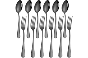 Set of 12, Black Plated Stainless Steel Dinner Forks and Spoons, findTop Heavy-Duty Forks (8 Inch) and Spoons (7 Inch) Cutler