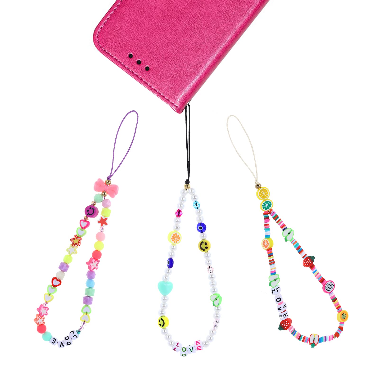 Molain 3Pcs Smiley Face Evil Eye Beaded Phone Charm String Lanyard Wrist Strap Fruit Star Letter Pearl Colorful Polymer Clay Bead Phone Chains Keychain Rainbow Acrylic Beads Bracelet