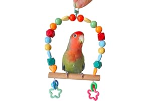 GUANLANT Bird Swing for Small Parrot,Wooden Parakeets Swings Perches for Birdcage, Cockatiel Stand Colorful Beads Bell Training Toy Playground Gym Accessories for Lovebirds Conures Finches