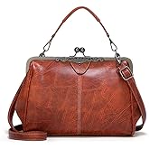 Segater® Women Retro Hollow Oil Wax PU Leather Handbag Kiss Lock Crossbody Purse Vintage Messenger Bag Tote
