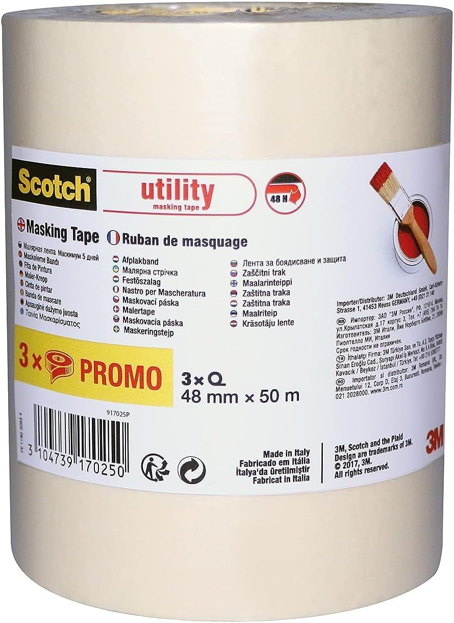 Scotch Utility Masking Tape, Promo Pack of 3 Rolls, 48 mm x 50 m, Beige - Painters Masking Tape for Indoor Painting and Decorating, 70% PEFC — image 1