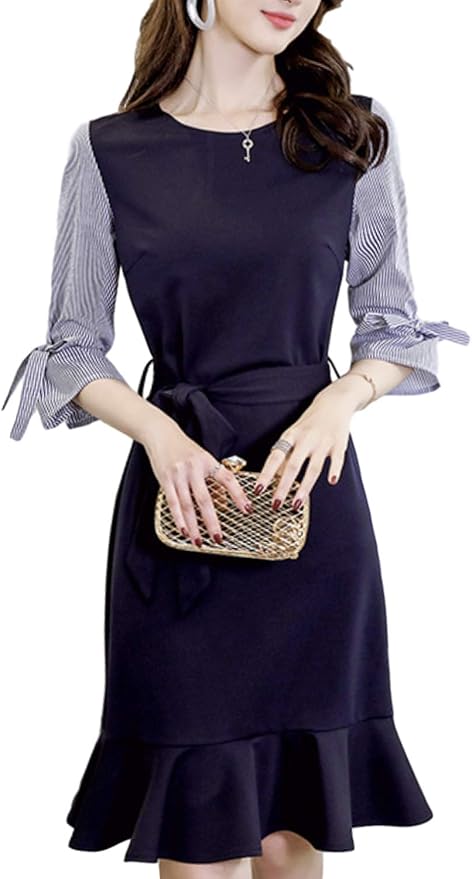 Amazon ビーエヌワン セレクト マーメイド ワンピース 切り替え ストライプ ウエストリボン 五部袖 フリル 膝丈 エレガント ドレス かわいい きれいめ おしゃれ カジュアル オフィス 大人 フェミニン タイト スカート ワンピ 上品 Ol 10代 代 30代 ファッション