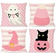 Halloween Throw Pillow Covers Set Of 2 (18x18") - Cute Ghost Hugging Pumpkin, Ivory Plush Faux Suede