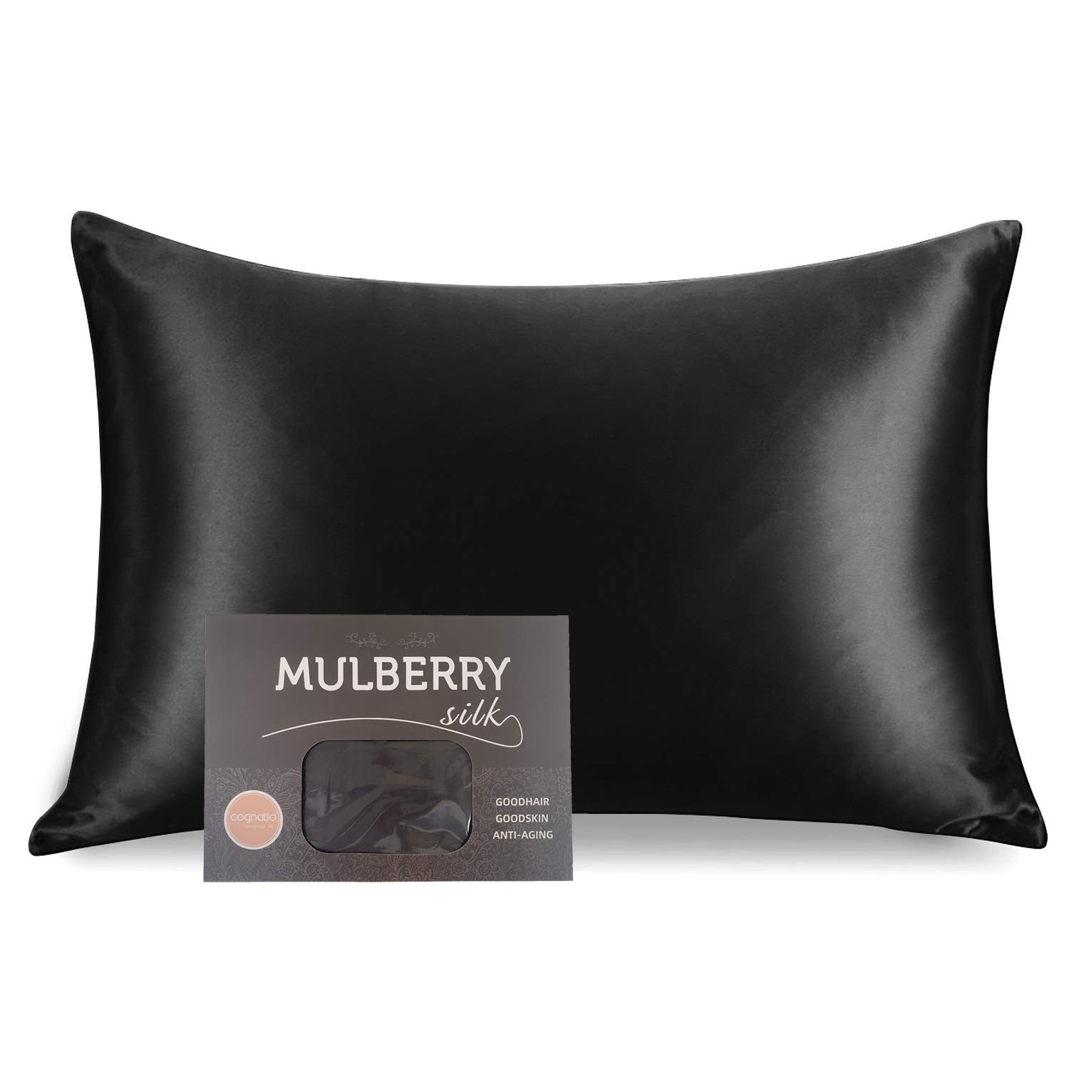 Cognatio 22 Momme 100% Mulberry Silk Pillowcase for Skin and Hair, Both Sides Pure Silk Pillow Case with Hidden Zipper, 1pc, Gift Box Packed, 50 x 75 cm, Black