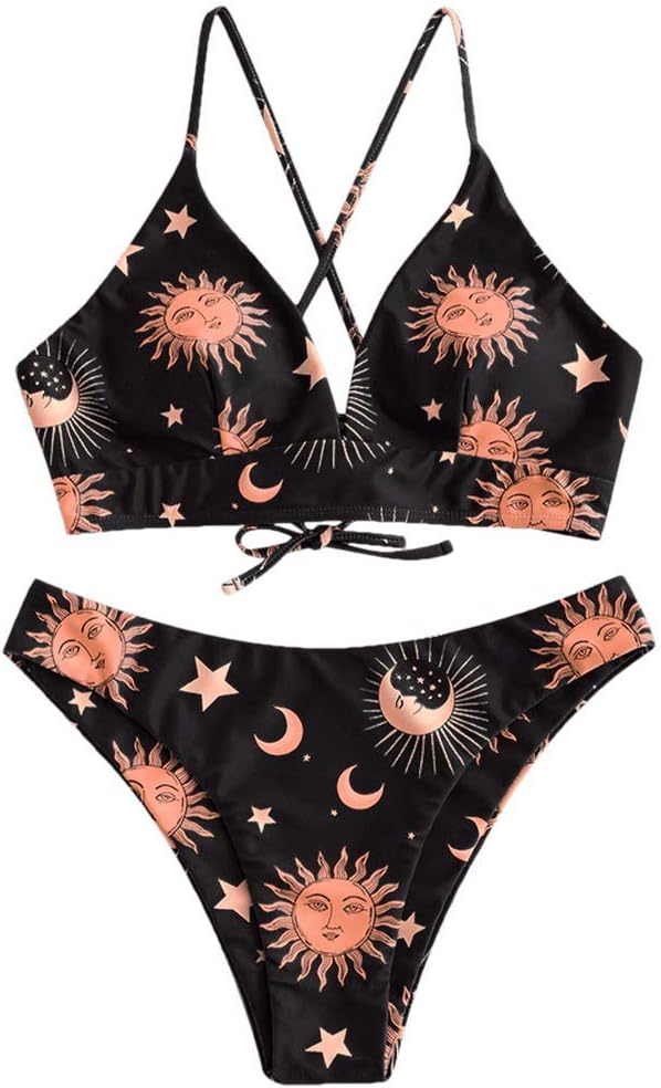 ZAFUL Women's Spaghetti Straps Sun and Moon Lace Up Two Pieces Bikini Set