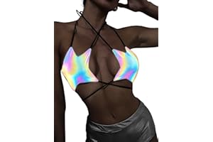ELLA LUST Rave Star Top for Women - EDC Festival Sexy Halter Party Dance Bra Backless Strappy Crisscross Wrap Tie Outfits(Holographic,S)