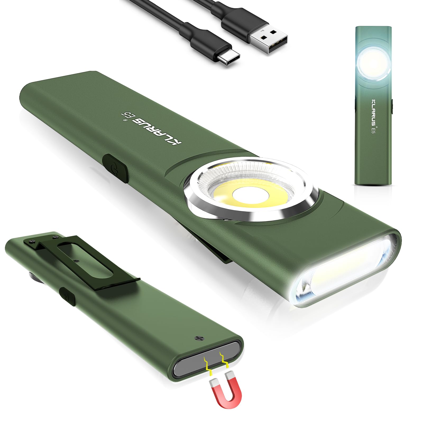 klarus E5 Flat EDC Torch,USB C Rechargeable COB Work Light, 600 Lumens Mini Flashlight with Magnetic Base and Buckle Clip Suitable for Maintenance, Camping, Hiking, Emergency, etc (Green)