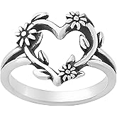 BlingNook Silver Rings For Women, Retro Flower Heart Ring Stackable Trendy Floral Engagement Elegant Statement Wedding Birthday Jewelry Gift