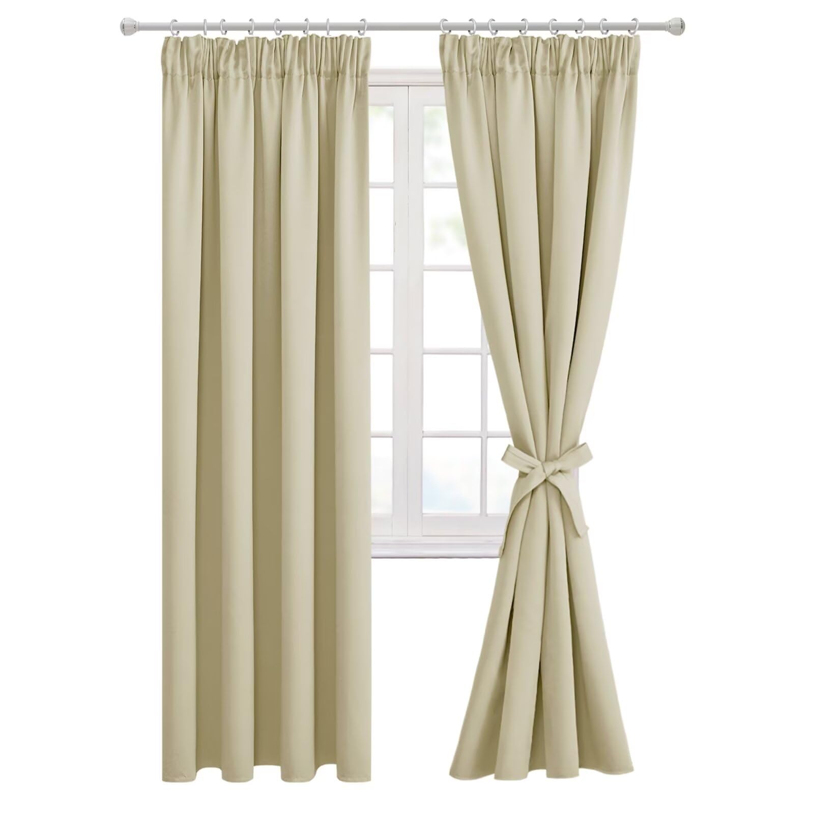 Hiasan Pencil Pleat Blackout Thermal Insulated Curtains, Bedroom and Living Room with Tiebacks, Energy Saving and Noise Reducing, 2 Panels, 66 x 90 Inch, Light Beige