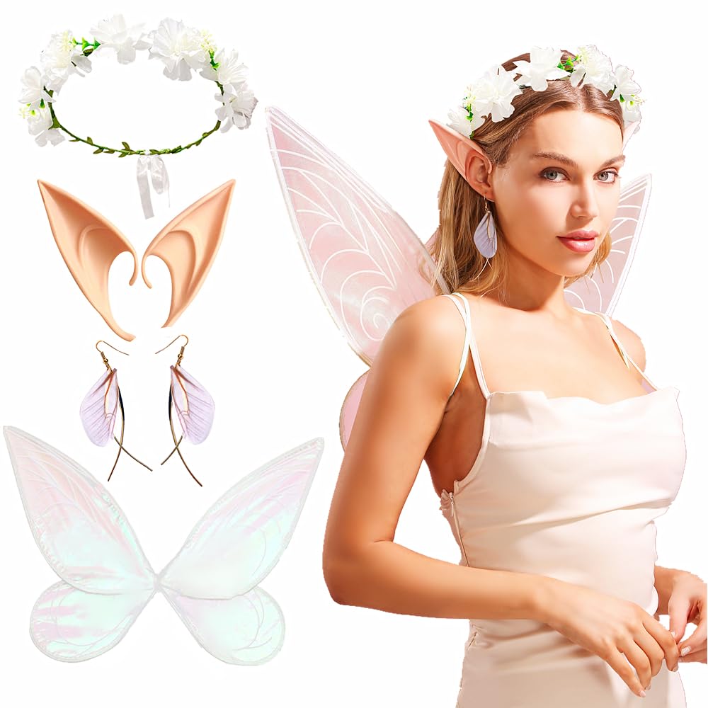 JeVenis Fairy Wings for Adults Fairy Wings Costume Women Fairy Elf Ears Floral Headband Crown Fairy Wing Earrings