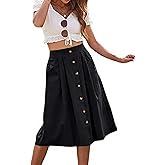 ZOYEESHINE Midi Skirts for Womens High Elastic Waist Pleated A Line Midi Skirt Casual Button Front Flared Skirts with Pockets