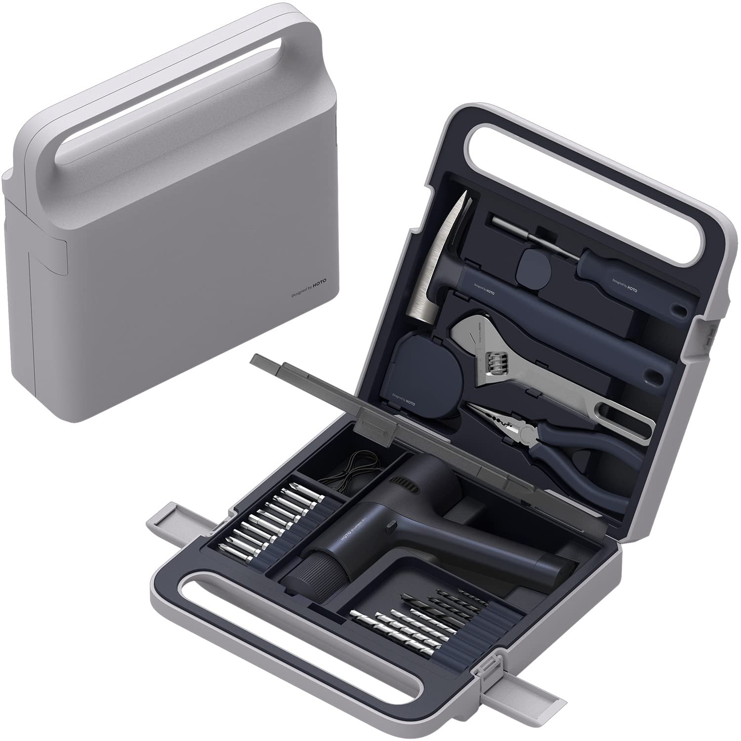 HOTO Brushless Drill Tool Kit, 12V Cordless Power Drill Tool Kit with LED Display, Includes Drill/10 Bits & 8 Drill Bits/Tape Measure/Plier/Spanner/Hammer/Screwdriver, Hidden Buckle Design