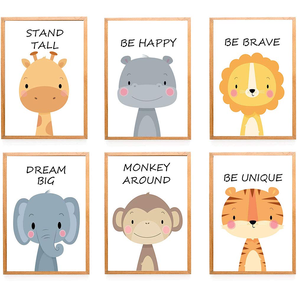 YOULIKE Baby Room Decoration Cartoon Animals Pictures - 6 Pack Theme Nursery Wall Art Decals for Boys Girls Kids Children's Bedroom - Without Frame