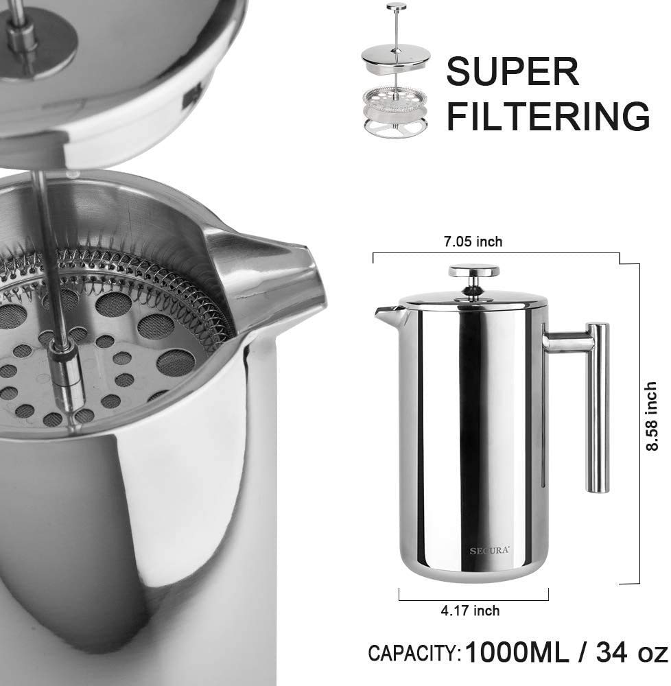 Secura Stainless Steel French Press Coffee Maker 18/10 Bonus Stainless Steel Screen (1000ML) by Secura