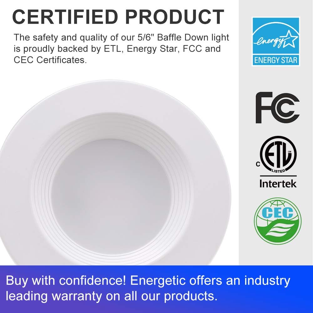 12 Pack, 5/6 Inch LED Recessed Lighting Baffle Trim, No Flicker, 5 CCT & Dimmable 10.5W=85W Downlight, Wet Rated, E26 Base, Simple Retrofit Installation, Energy Star & ETL Listed - - 