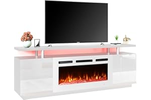 EROMMY 70'' Fireplace TV Stand with 36'' Electric Fireplace, Entertainment Center with 12 Flame Fireplace Insert Heater and 16 Color Led Lights, TV Console for TVs up to 80'' for Living Room, White