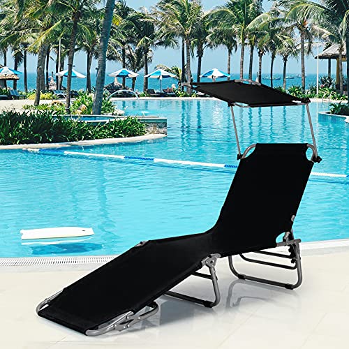 GYMAX Folding Chaise Longue, Adjustable Beach Chair with Canopy Sun