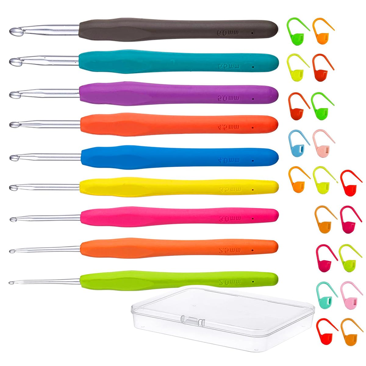 30Pcs Crochet Hooks Set 9Pcs Aluminium Soft Grip Rubber Handle Needles+20Pcs Crochet Locking Stitch Markers with Case Knitting Accessories Tools Ergonomic Soft Grip Handles 2.0mm-6.0mm — image 1