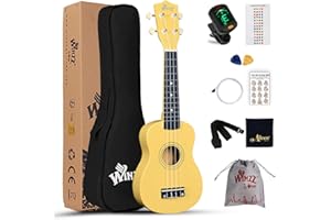 Winzz Soprano Ukulele Starter Kit For Beginners with Bag, Clip-On Tuner, Extra Strings, Strap, Plectrum, Fret Stickers, Chords Card, Polishing Cloth, Baby Yellow