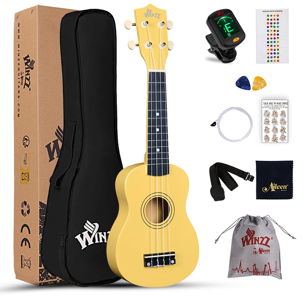 Winzz Soprano Ukulele Starter Kit For Beginners with Bag, Clip-On Tuner, Extra Strings, Strap, Plectrum, Fret Stickers, Chords Card, Polishing Cloth, Baby Yellow — image 1