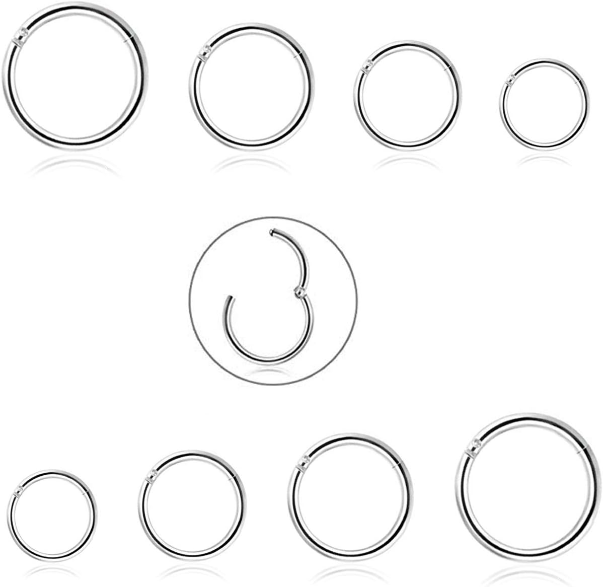 REVOLIA8Pcs 16G Surgical Steel Nose Rings Hoop Septum Piercings Cartilage Earrings for Women Men Helix Couch Daith Lip Tragus Piercings Hinged Clicker 6-12mm