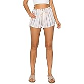 Cali1850 Women's Casual Linen Shorts - Drawstring Smocked Waist Oceanside Lounge Beach Printed Pants with Pockets