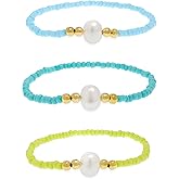 Tyebiva Colorful Beaded Stack Bracelets Set for Women, 3Pcs Handmade Freshwater Pearl Gold Beads Stretch Bracelet Everyday Fashion Jewelry Gift.