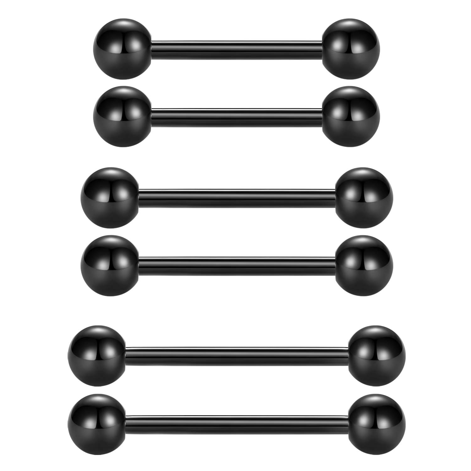 Longita 16G 6PCS Tongue Bars Nipple Rings for Women Men Stainless Steel Straight Barbells 14-18MM Body Piercing Jewelry-Black