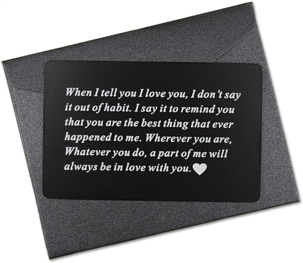 Vanfeis Engraved Metal Wallet Mini Love Note Insert Card - Birthday Gifts for Men, Him - Wedding Anniversary Gifts for Husband, Boyfriend - Unique Engagement Present for Groom, Deployment Gift Ideas