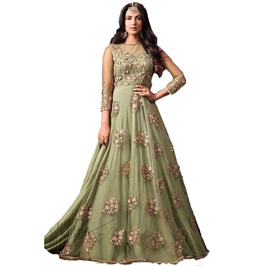 Womens Embroidery Anarkali Indian Dress (YF-95, Green, Free Size)