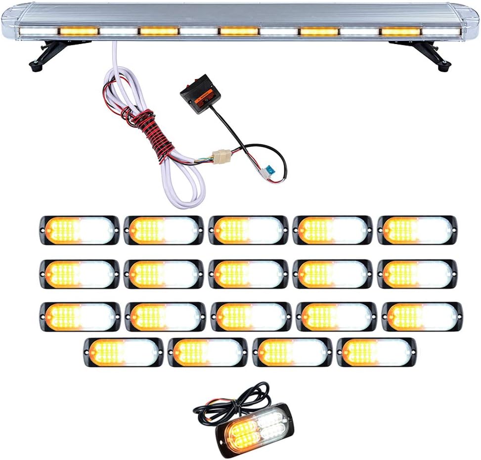 Set 1pc 51" 96-LED 96W Emergency Warning Security & 20pcs Super Thin 20 LED Construction Hazard Dash Grille mini Strobe Light Bar Tow Truck Respone (AMBER/WHITE)