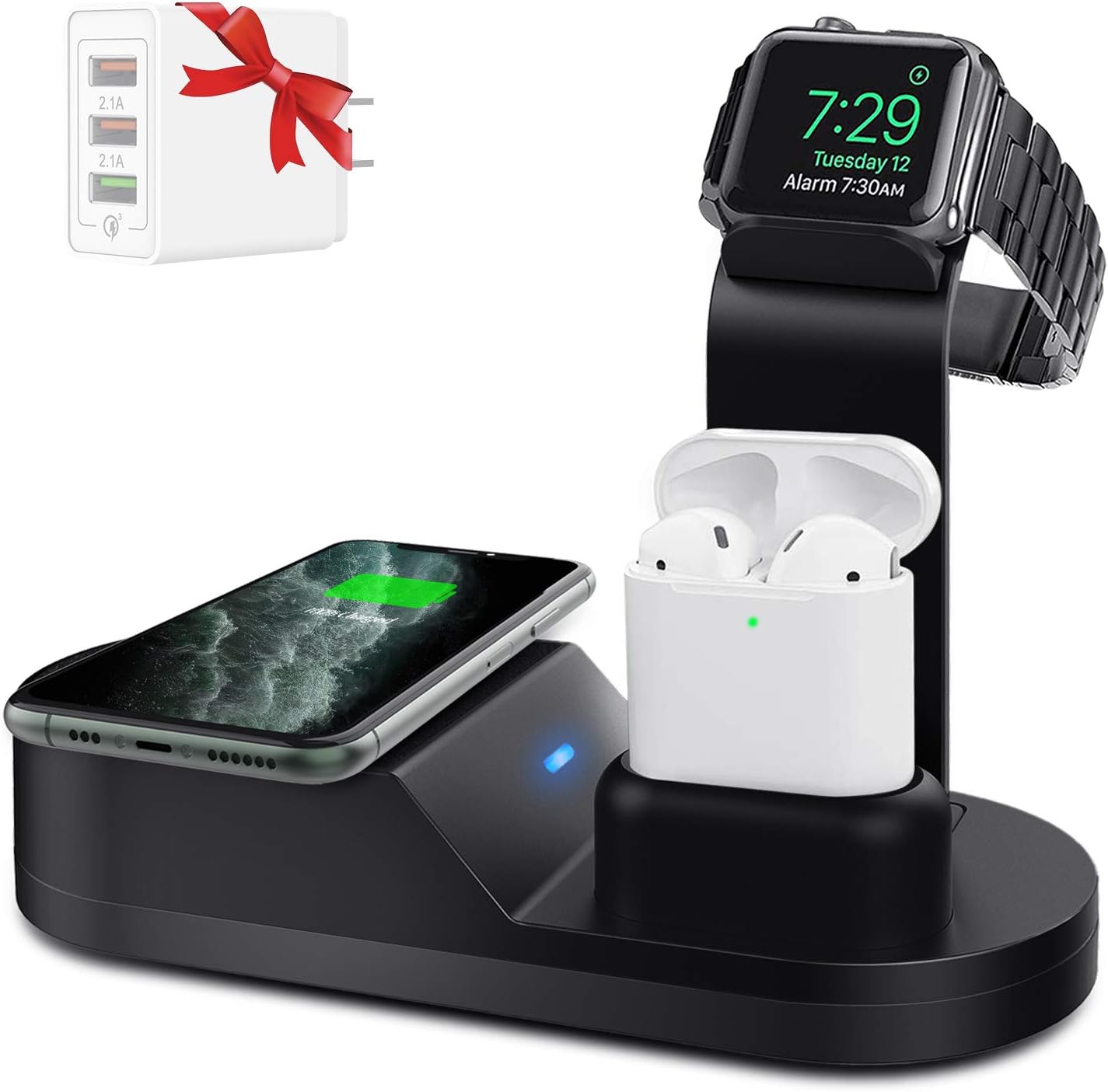 Yestan Wireless Charger Designed for Apple Watch Stand Compatible with Apple Watch Series 5 4 3 2 1, AirPods Pro Airpods and iPhone 11 11 pro 11 Pro Max Xs X Max XR X 8 8Plus - Black
