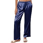 Ekouaer Womens Silk Satin Wide Leg Pajama Sleep Pants Casual Loose Soft Lounge Pants Elastic Waist Pj Bottoms with Pockets