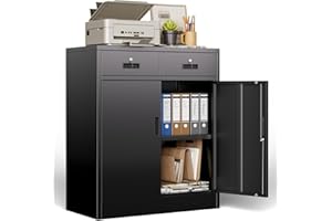 BESFUR 36" H Metal Storage Cabinet with 2 Lockable Drawers and 2 Lockable Doors, Black Locking Cabinet with Adjustable Shelf,