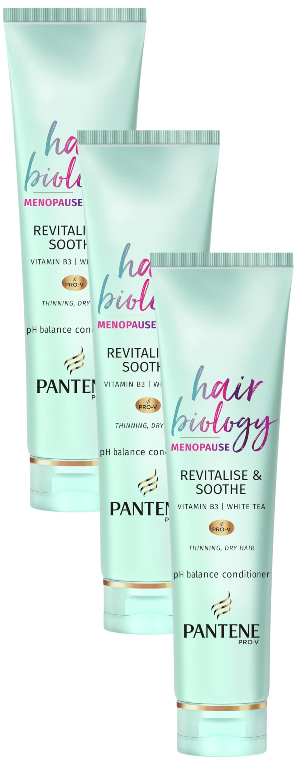 Pantene Revitalise & Soothe Menopause Conditioner For Thinning Hair, 160ml, Hair Thickener, Dry Scalp Treatment With Pro-V, Vitamin B3 And White Tea, Hair Biology (Pack of 3)