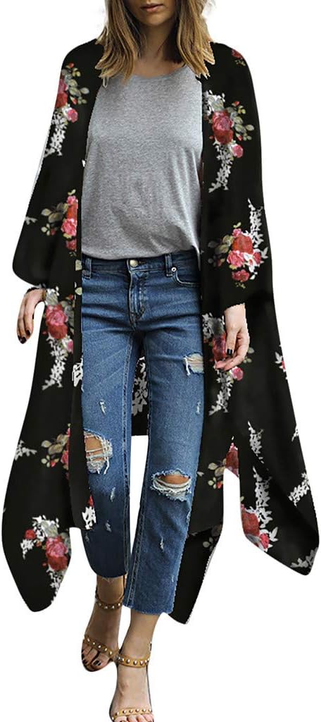 NPRADLA Women Floral Print Chiffon Loose Shawl Kimono Cardigan Top Cover Up Shirt Blouse