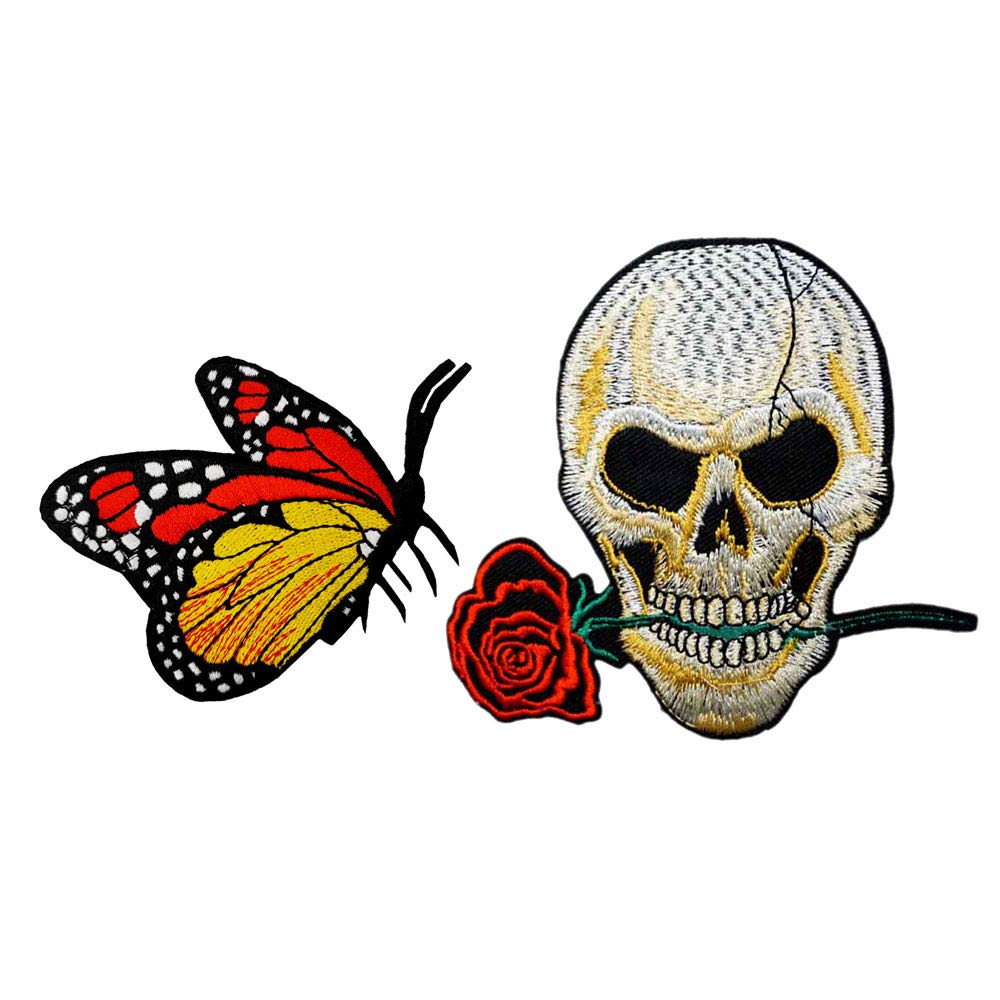 Rose Skull Black Monarch Butterfly Yellow Embroidered Iron on Patch Classroom Prize Valentines Gift Exchange Party Favors