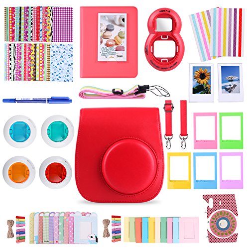 MoroTek 12 in 1 Fujifilm Instax Mini 8/8+ or Instax Mini 9 Accessories Bundles include Case/Album/Strap/3 Styles Frames/Selfie Lens/Filters /Stickers/Pen (Red)
